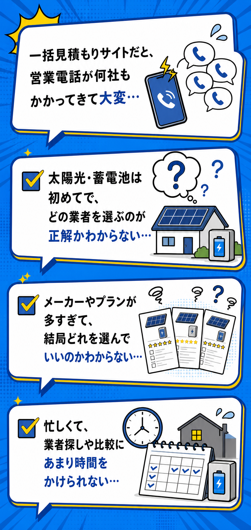 太陽光・蓄電池導入のお悩み：営業電話の多さ、業者選びの迷い、プランの多さ、比較に時間がかけられない