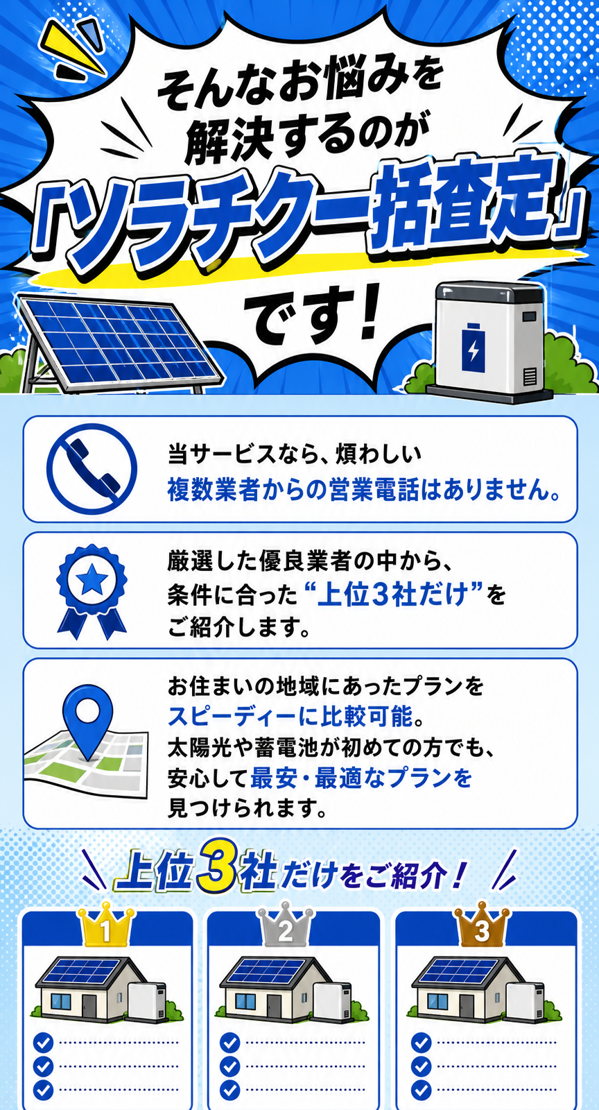 ソラチク一括査定のメリット：しつこい営業電話なし、厳選された上位3社のみを紹介、地域に合わせた最適な太陽光・蓄電池プランをスピード比較可能