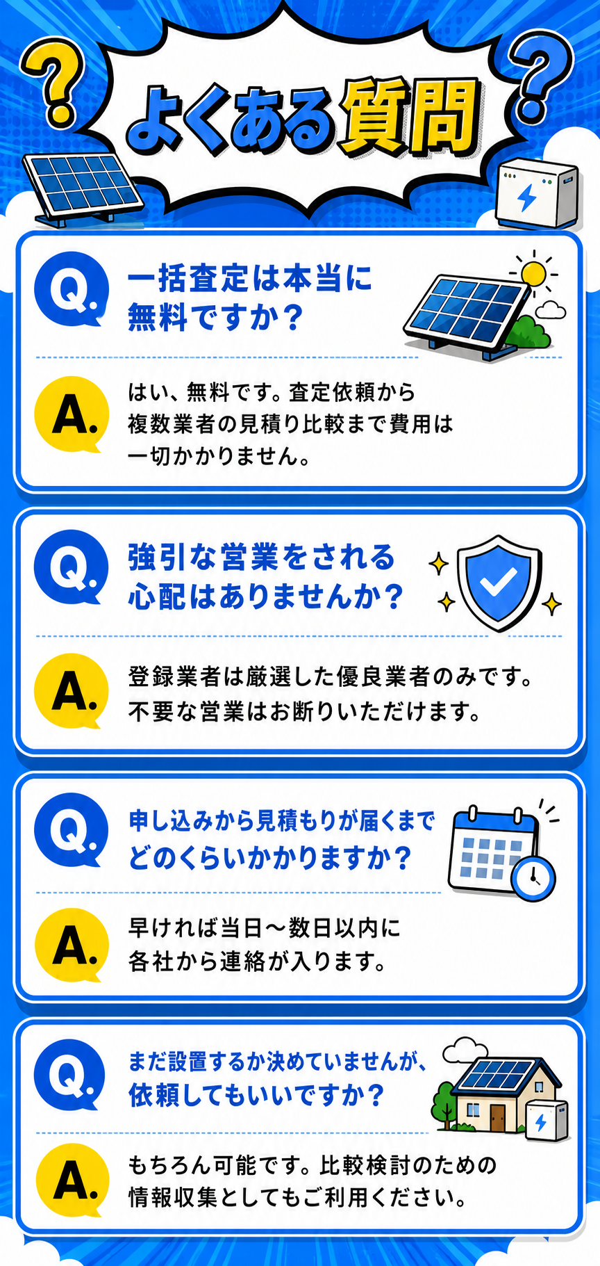 よくある質問：一括査定の無料確認、強引な営業の有無、見積もりまでの期間、検討段階での依頼について